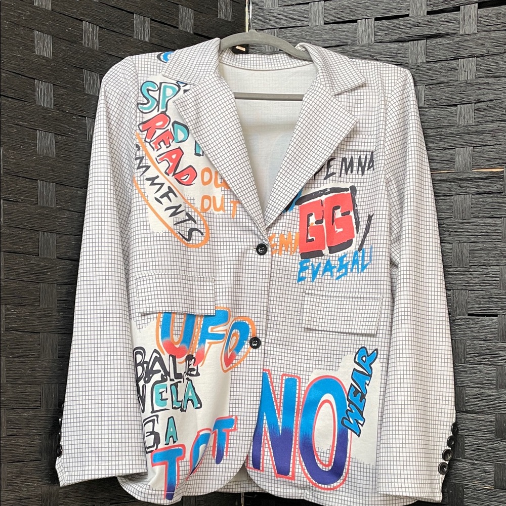 Graphic Check Blazer with Colorful Artwork